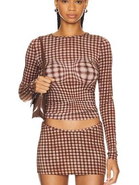 Miaou Brown and Cream Plaid Long Sleeve Top